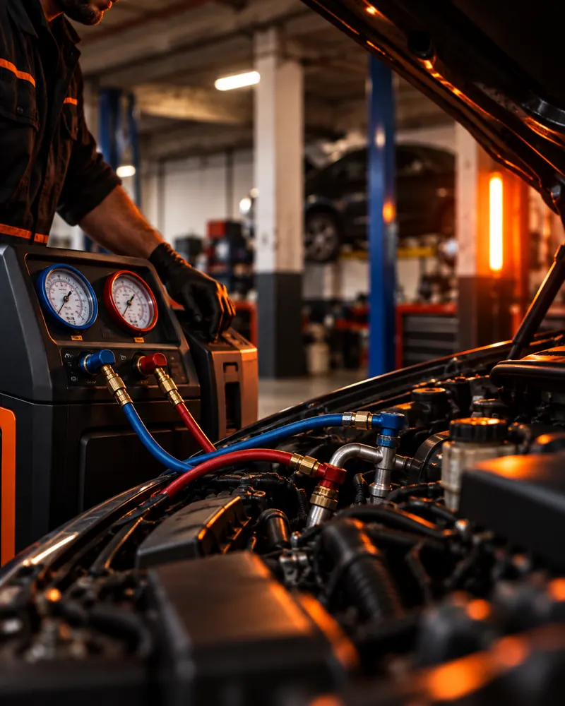 Air conditioning regas machine connected to a car