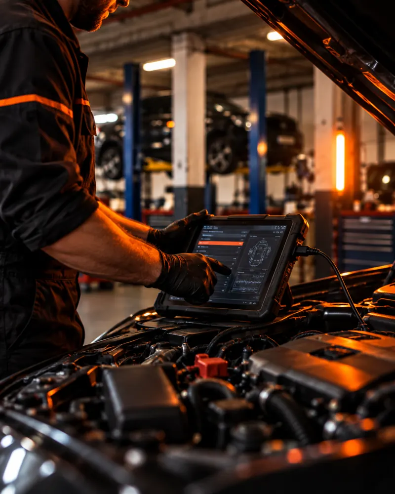 Diagnostic tablet connected to a car engine