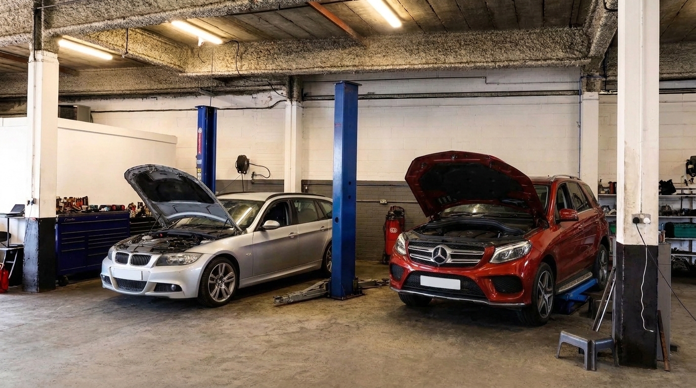Inside the MRG Auto Repair workshop in Poole